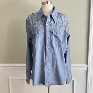Sears Western Wear Shirt Womens 16 Embroidered Pearl Snap Blue Vintage 70s Boho